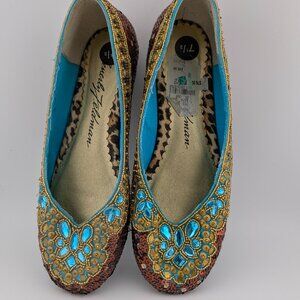 Beverly Feldman sequin flats in brown and turquoise